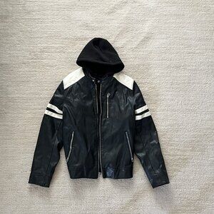WILSONS CYCLE Faux Leather Black White Moto Jacket Hooded Women’s Medium